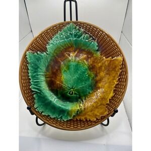 Majolica Ceramic Leaf Dish Design Plate Brown  Green Yellow